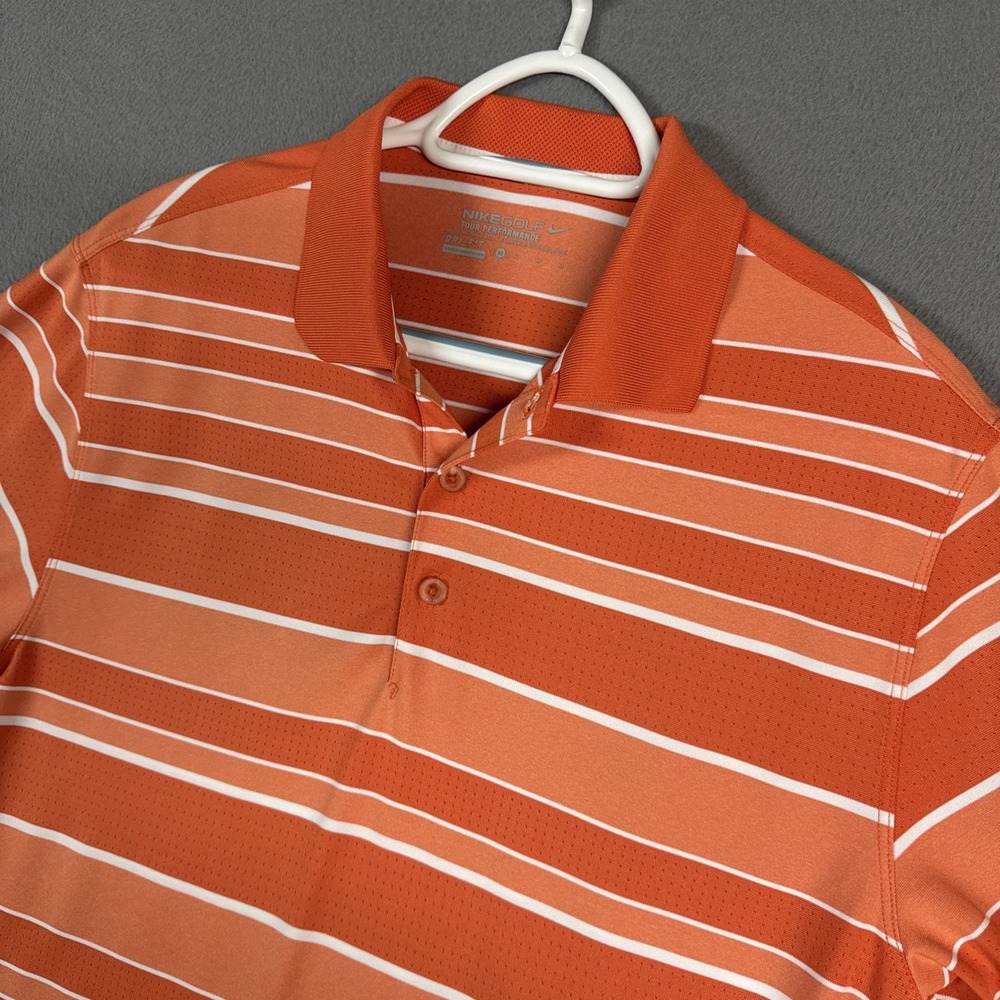 Nike Golf Polo Shirt Mens Medium Orange Striped Short Sleeve Tour Performance